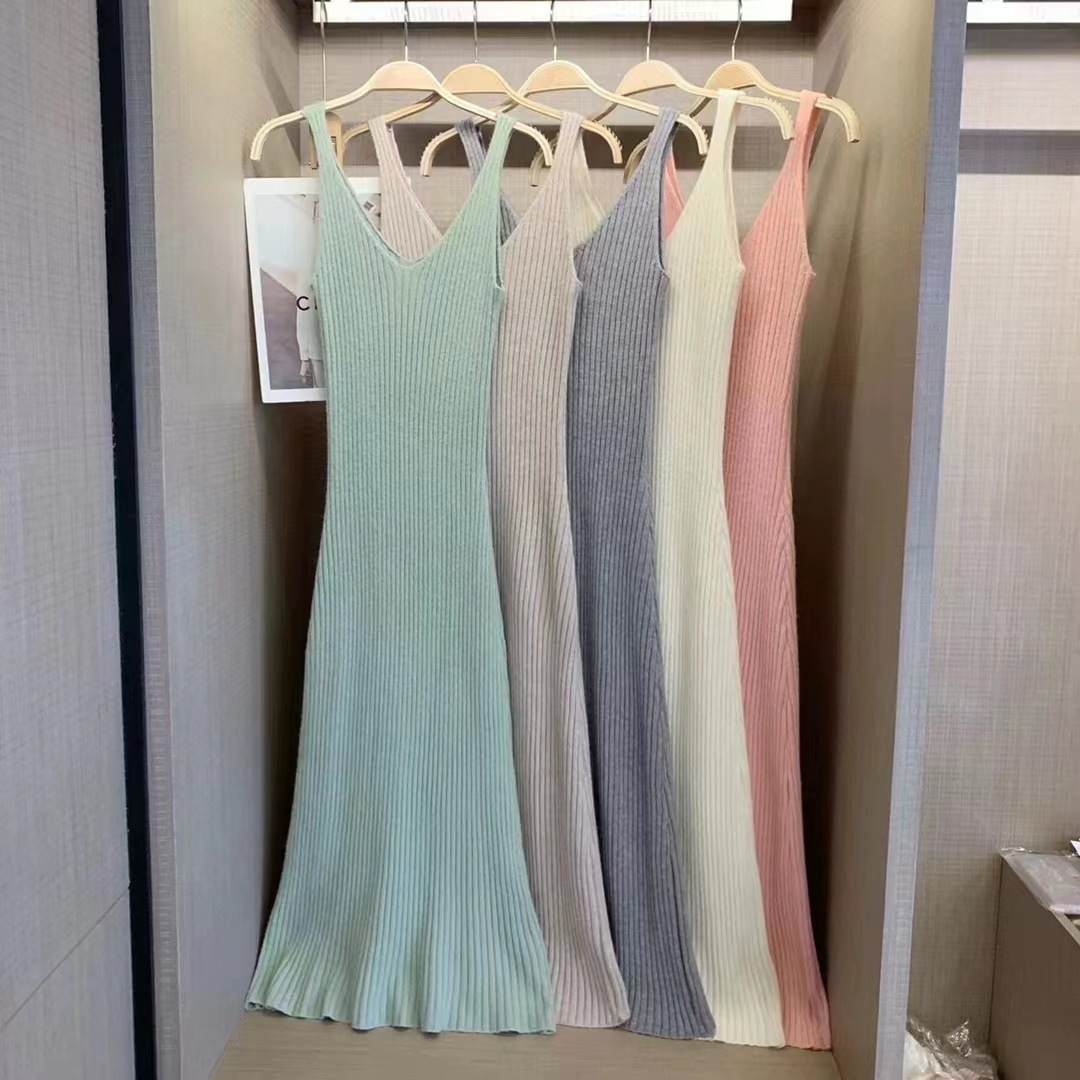 Fashion Women's New Set Knitted Camisole Dress Long Sweater Cardigan Coat Two-Piece Thick