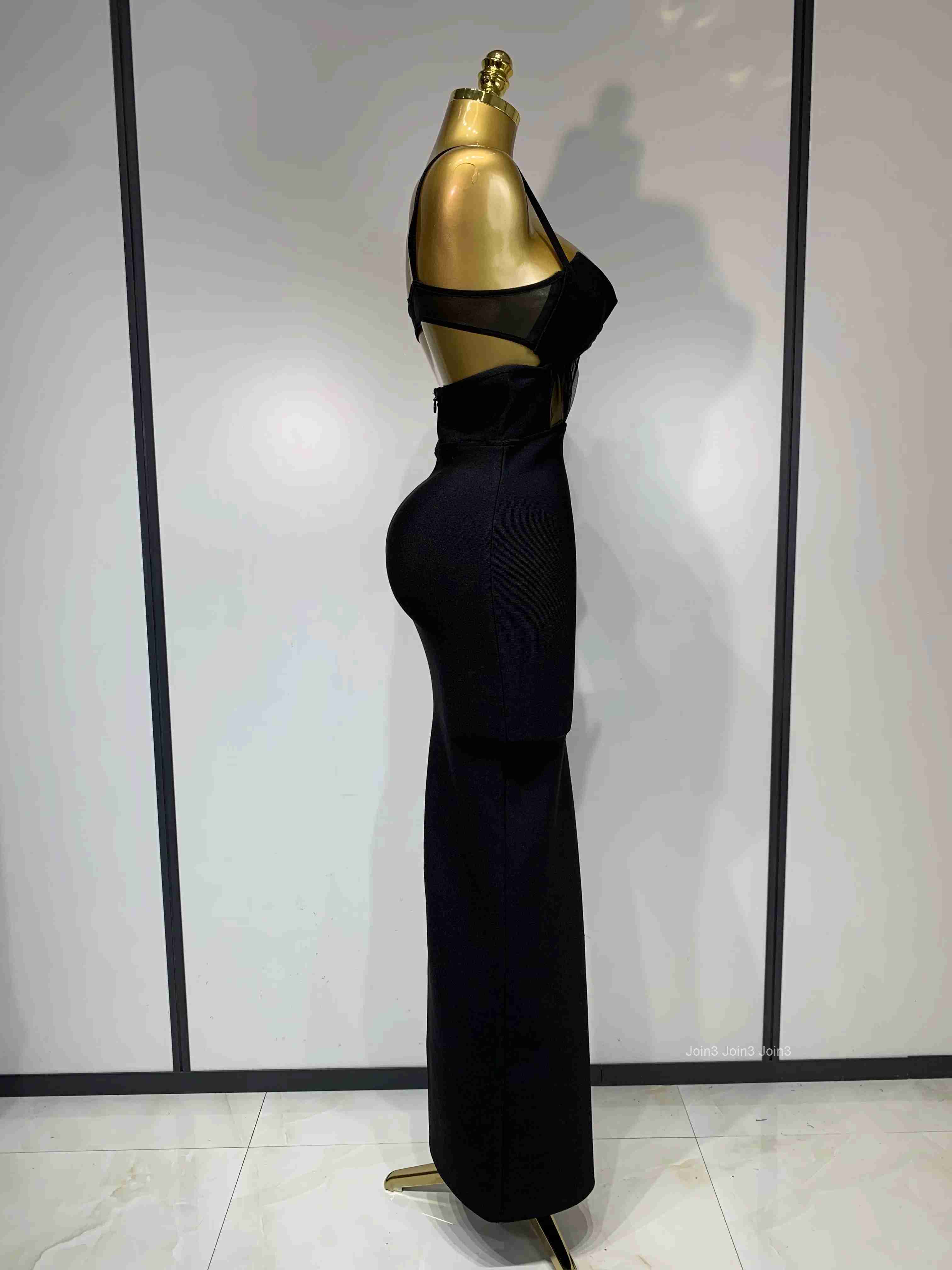 Fashion Black Spaghetti Strap Maxi Long Bandage Dress Mesh Cut Out Elegant Celebirty Bodycon Evening Club Party Birthday Dresses