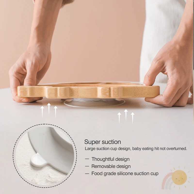 Baby Bamboo Wooden With Silicone Suction Tableware Children Cartoon Dinosaur Feeding Bowl Spoon Fork Set Kid Feeding Accessories X250806