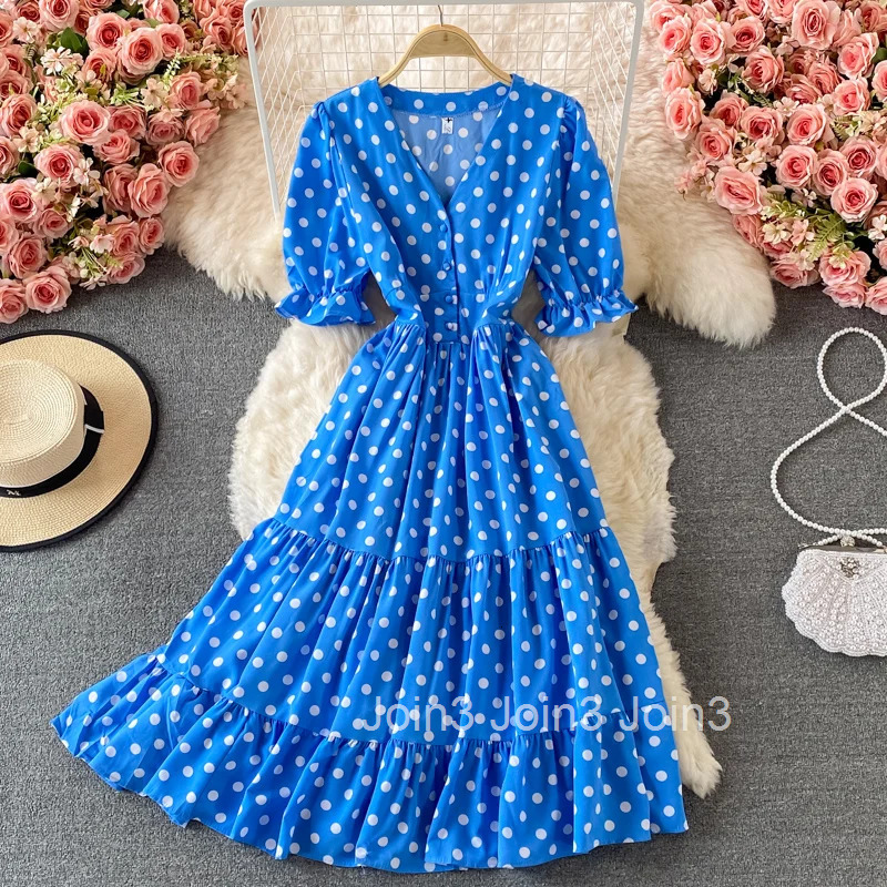 Vintage Elegant Pleated v neck Short Sleeve Dot Dress A-line Fashion Spring summer Beach Vestidos Women Dresses