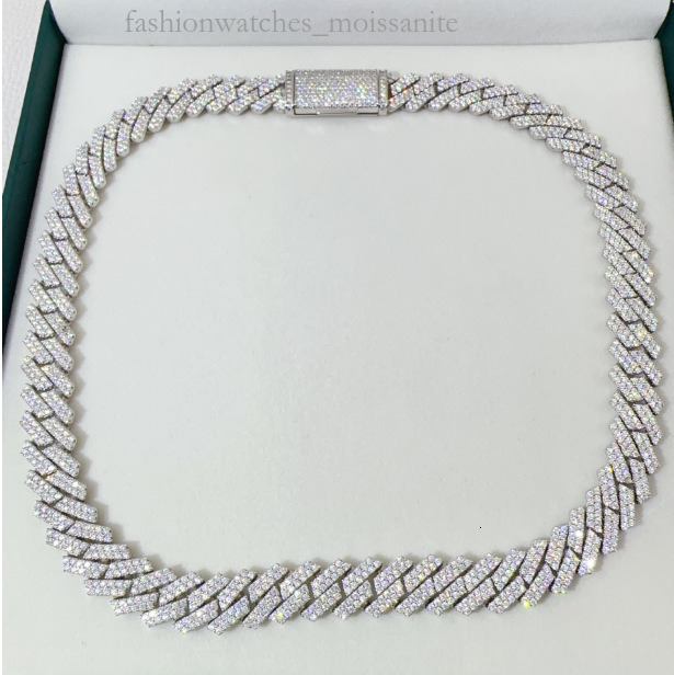 Sterling Sier 13mm Square Round Moissanite Dia Full Cuban Chain High-End Hip-Hop Jewelry Necklace for Men