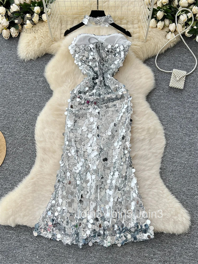 Light Luxury Sequins Party Dress Strapless Backless Lace Up Silvery Senior Sundress Ladies Sexy Bodycon Evening Dress