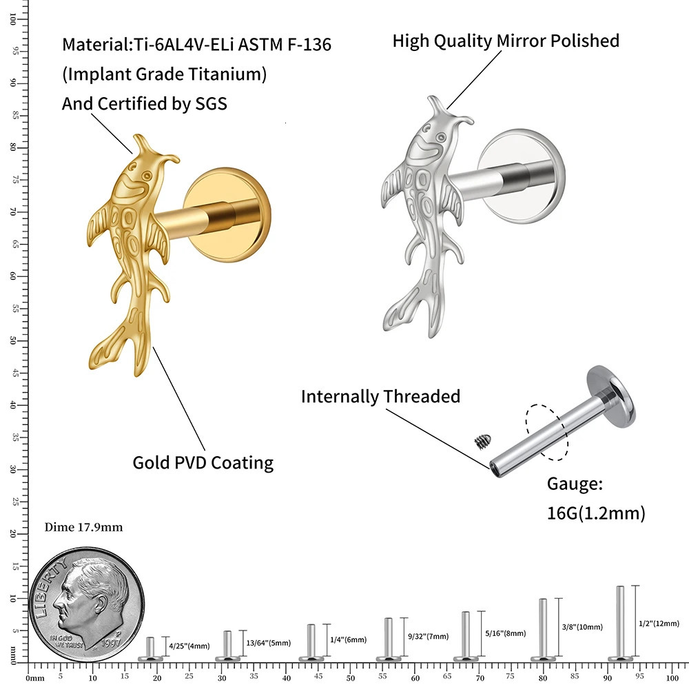 Right Grand ASTM 36 Koi Fish Cartilage Earring Tiny Tragus Stud Helix Conch Flatback Piercing 16G Animal Body Jewelry 250805