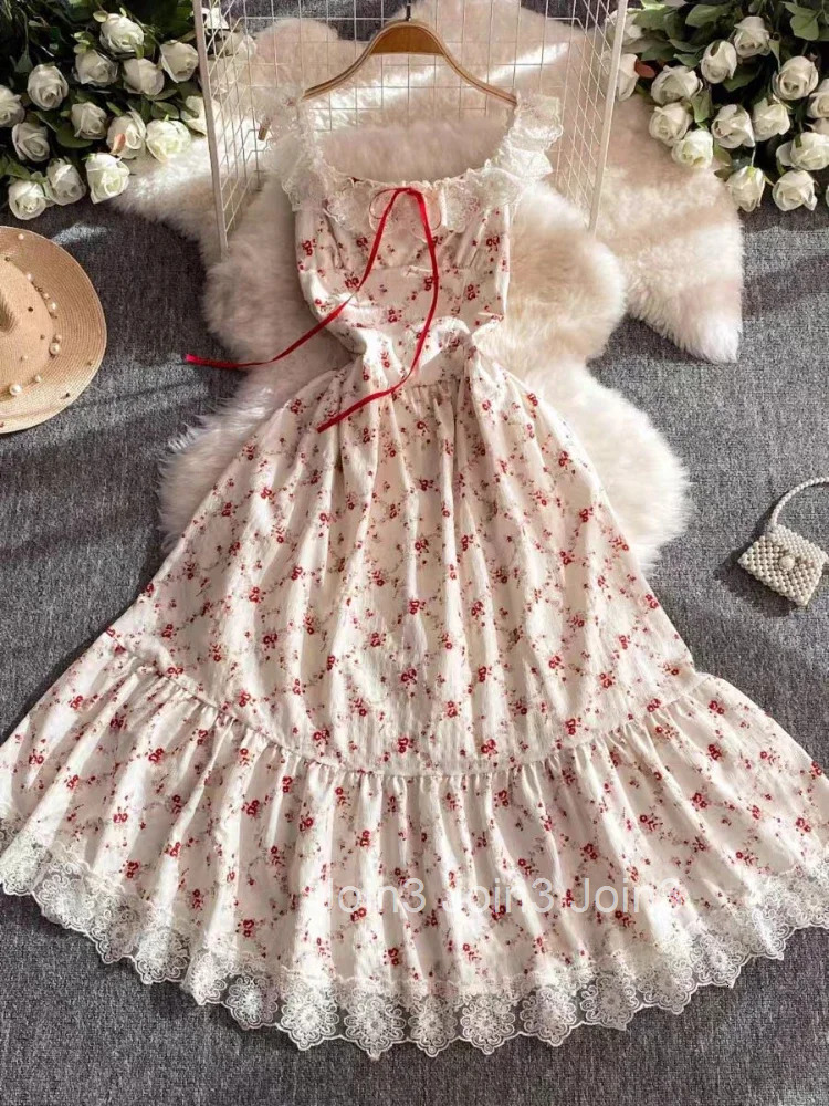 Summer Lovely Sweet Lace Print 2-piece Set Dress Women Design Chic Sling Pretty Dresses Casual Elegant New Knit Cardigan