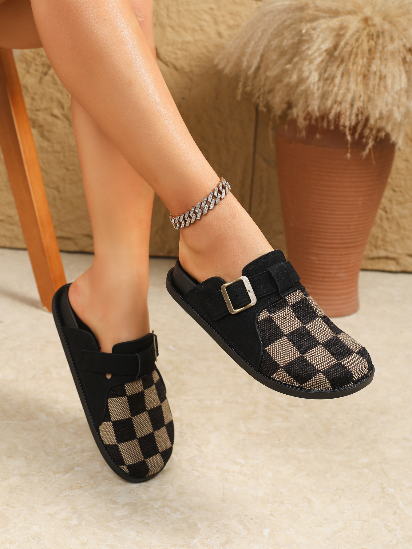 Slippers Women's Checkerboard Print Mules - Casual Buckle Strap Slip-On Shoes with Multiple Colors