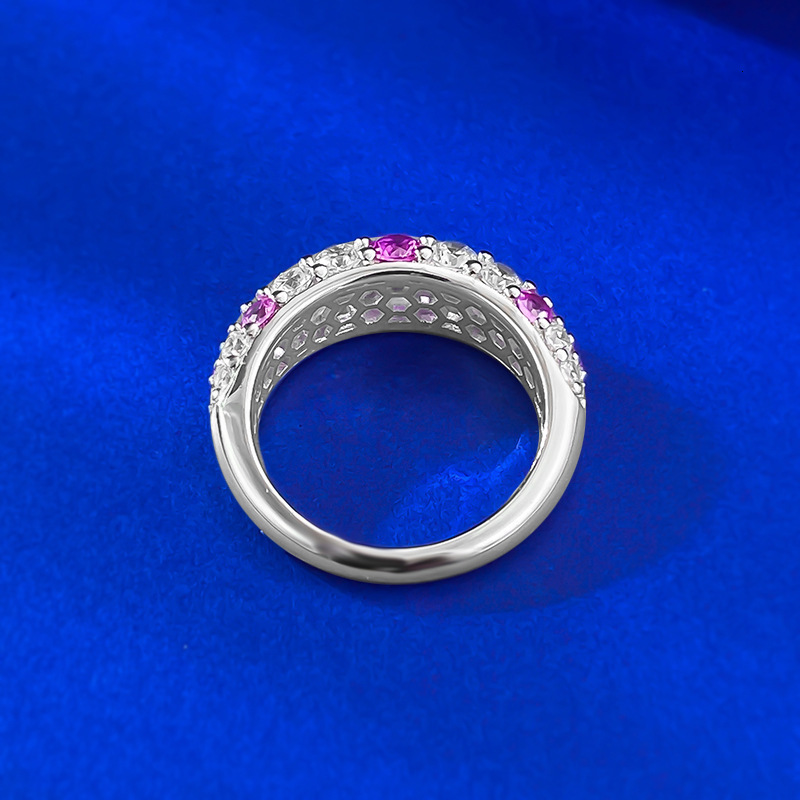 Hui Zhi Wing Jewelry Live New S Silver Half Circle Full Inlaid Intermete mond Ring for Women Pink Starry Sky