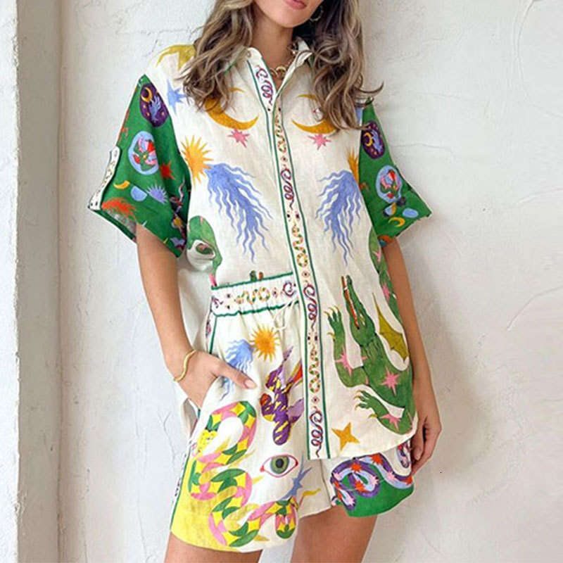 New Women's Elegant Printed Three-Quarter Sleeve Shorts Casual Fashion Set Two-Piece B5