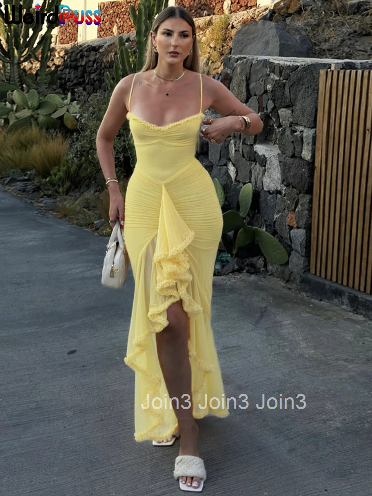 Weird Puss Ruffles Bandage Dress Women Sexy Backless Sleeveless Tassel Lace-Neck See Through Slits Hem Prom Party Long Bodycon