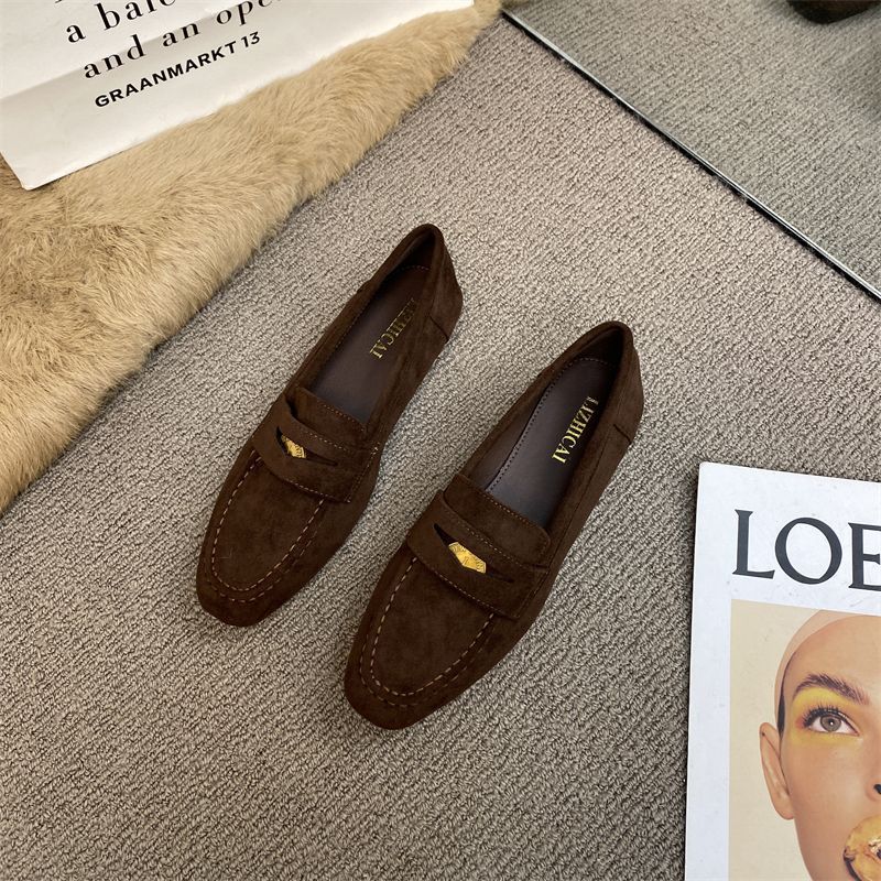 Free Shipping 2025 New Women's Flat Dress Fashionable and Comfortable Brown Black British Style Suede Leather Shoes