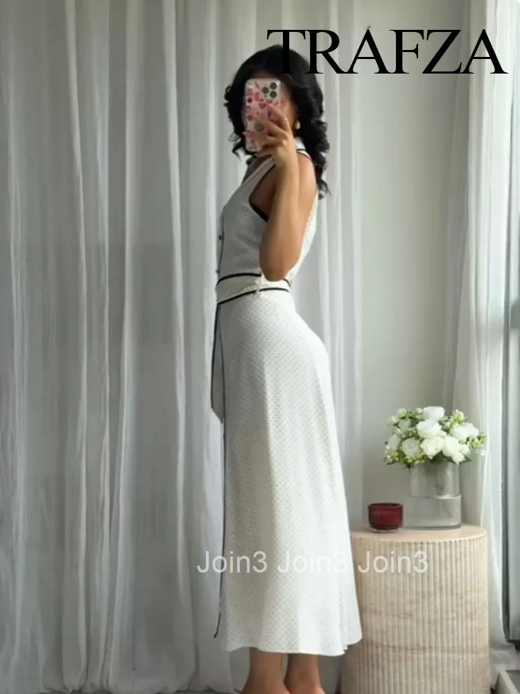 Woman Elegant Chic Sleeveless Single-breasted Midi Dress Summer Women Sexy White Polka Dot Shirt Style Chart Dress Mujer