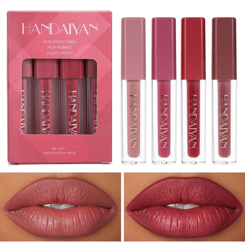 Nude Lip Gloss Set 4 Piece Matte Velvet Lipstick Pearlescent Easy To Color Waterproof Liquid Lipstick Kit Non Stick Cup Lip Tint 250805