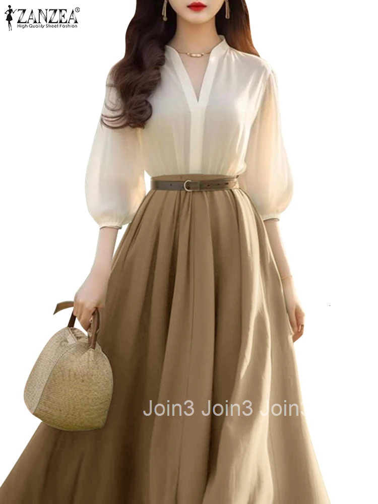 Women Lantern Half Sleeve Dresses Elegant Summer Dress Spring A-Line Office Lady Vestidos Casual V-Neck Party Robes