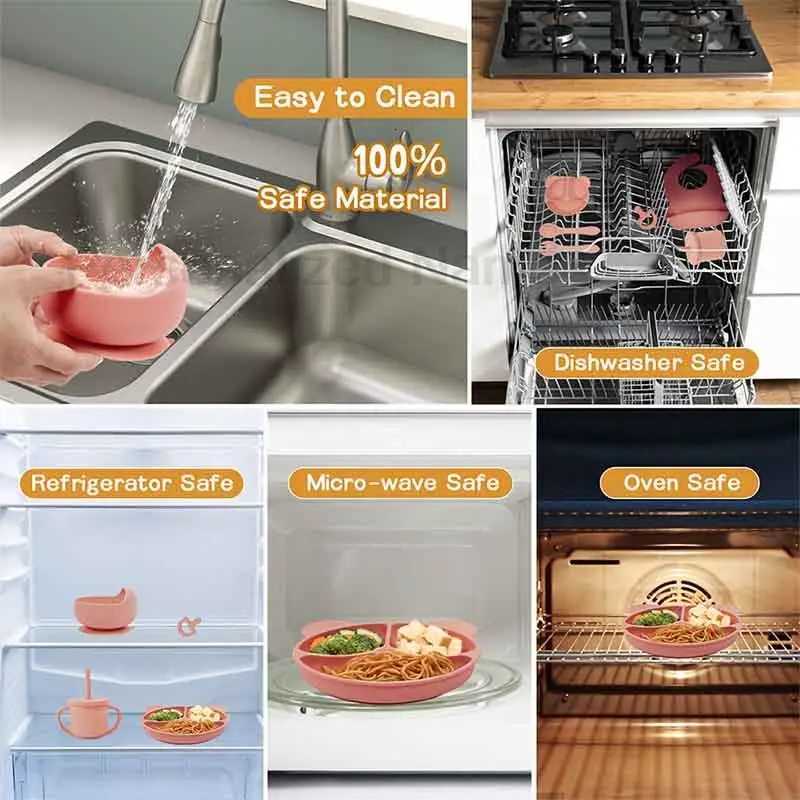 11pcs Childrens Silicone Tableware BPA Free Bear Plate Baby Feeding Set with Personalized Customization Baby Name X2508061