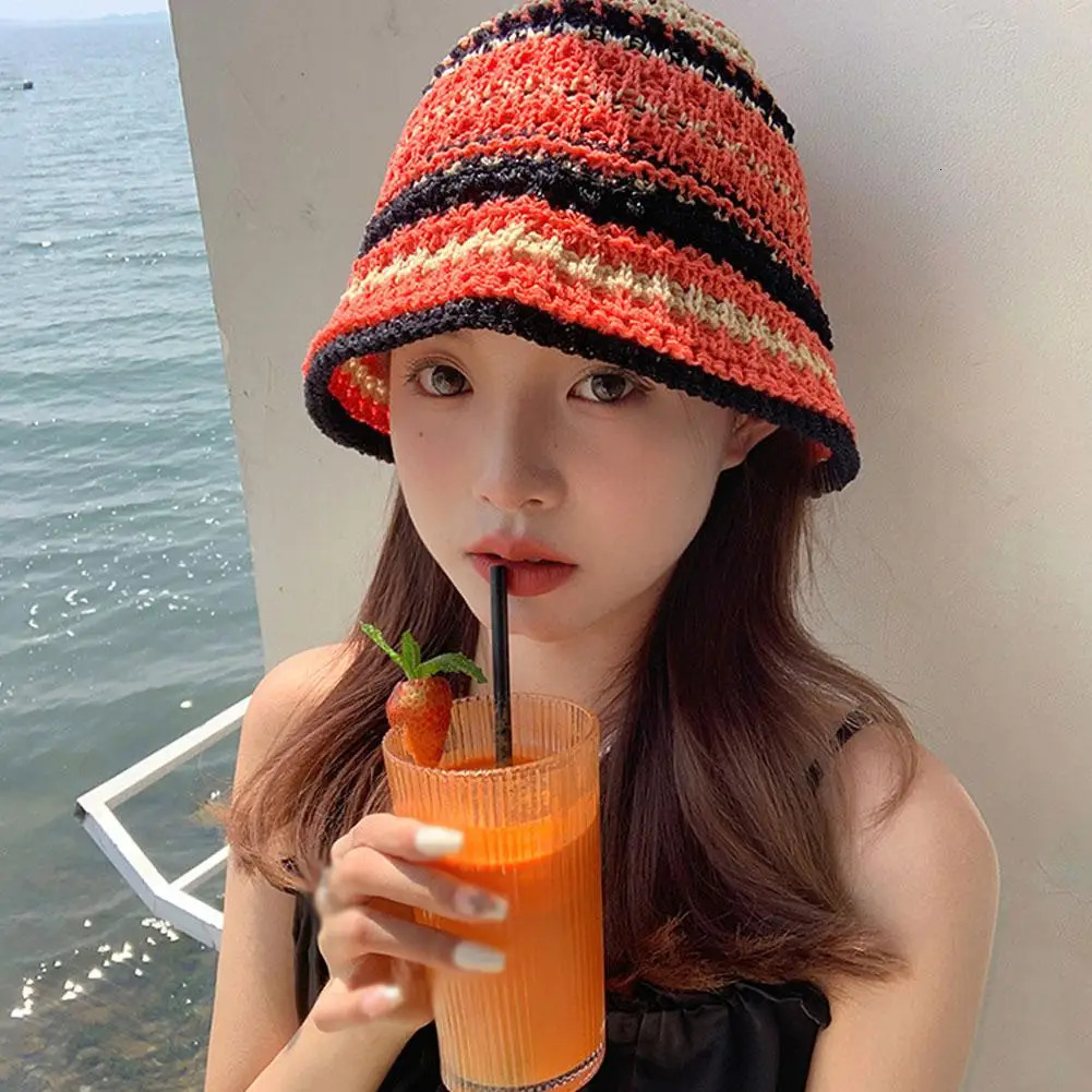 Japanese Style Woven Striped Fisherman Hat Retro Hollowed Hat Versatile Summer Breathable Sun Protection Foldable Beach Hats 250805