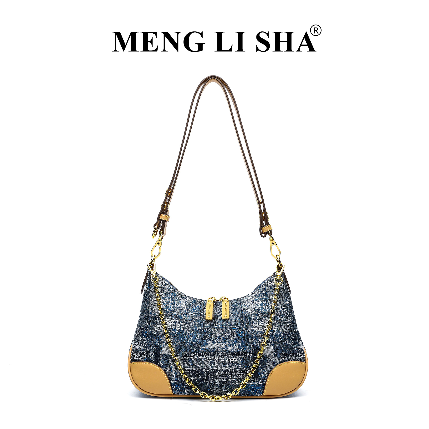 MENG LI SHA Women's 2025 New European and American Retro Denim Single - shoulder Underarm Ox - horn Bag Versatile Commuting - friendly Large - ca
