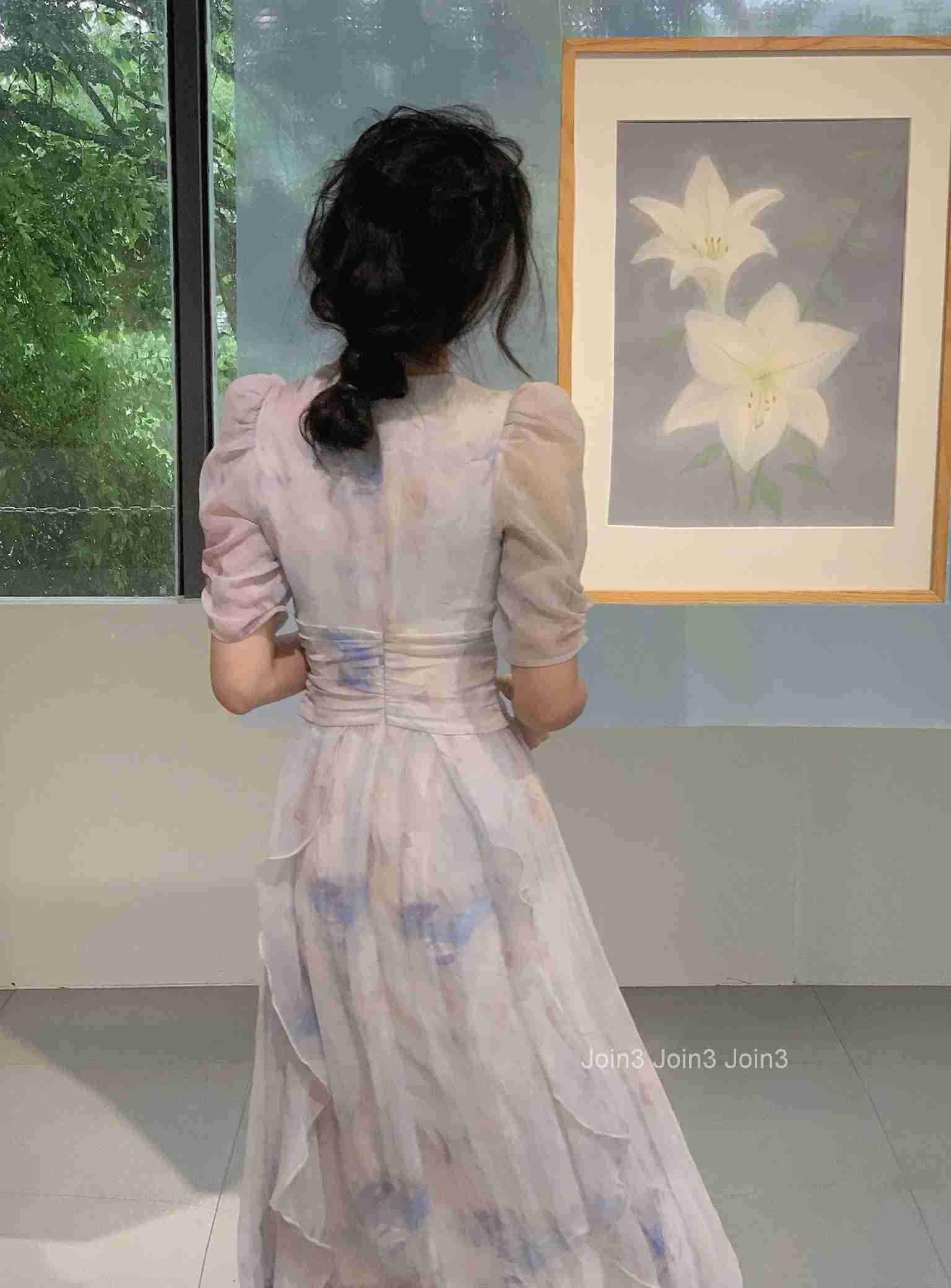 Summer V-neck Print Dress French Style Women Elegent Party Pink Midi Dress Female Fashion A Line Holiday Korean Clothes Vestidos