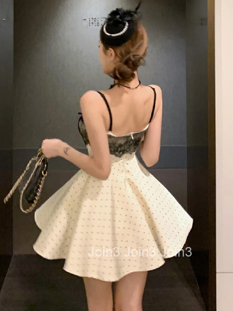 Woman Dress Vintage Sexy Lace Patchwork Polka Dot Sleeveless Slim Backless Bowknot Mini Dresses Elegant Ladies Fashion