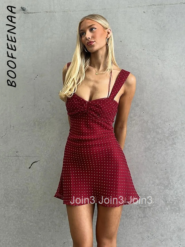 BOOFEENAA Polka Dot Print Chiffon Summer Dress for Women Sexy Lace Up Sleeveless Backless Mini Dresses Elegant C92-CG16