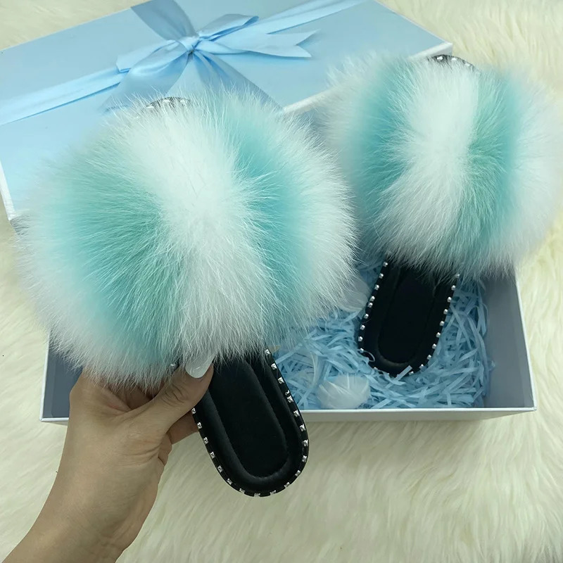 Flip Flops Women Summer Real Fur Flat Slippers 100% Natural Fox Fur Slides Ladies Rivet Jelly Shoes Furry Slides Sandals 250730