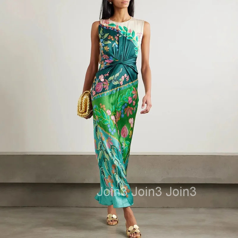 Retro Printed Satin Twisted Dress for Women Summer New Casual O Neck Zippers Boho Dress Elegant Sleeveless Hollow Out Long Dress