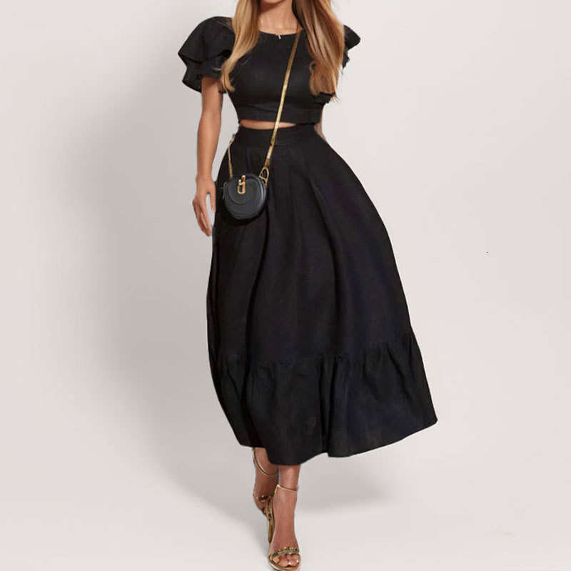 New Women's Solid Color Flutter Sleeve Short Top And Skirt Fashion Two-Piece Set For Women B5