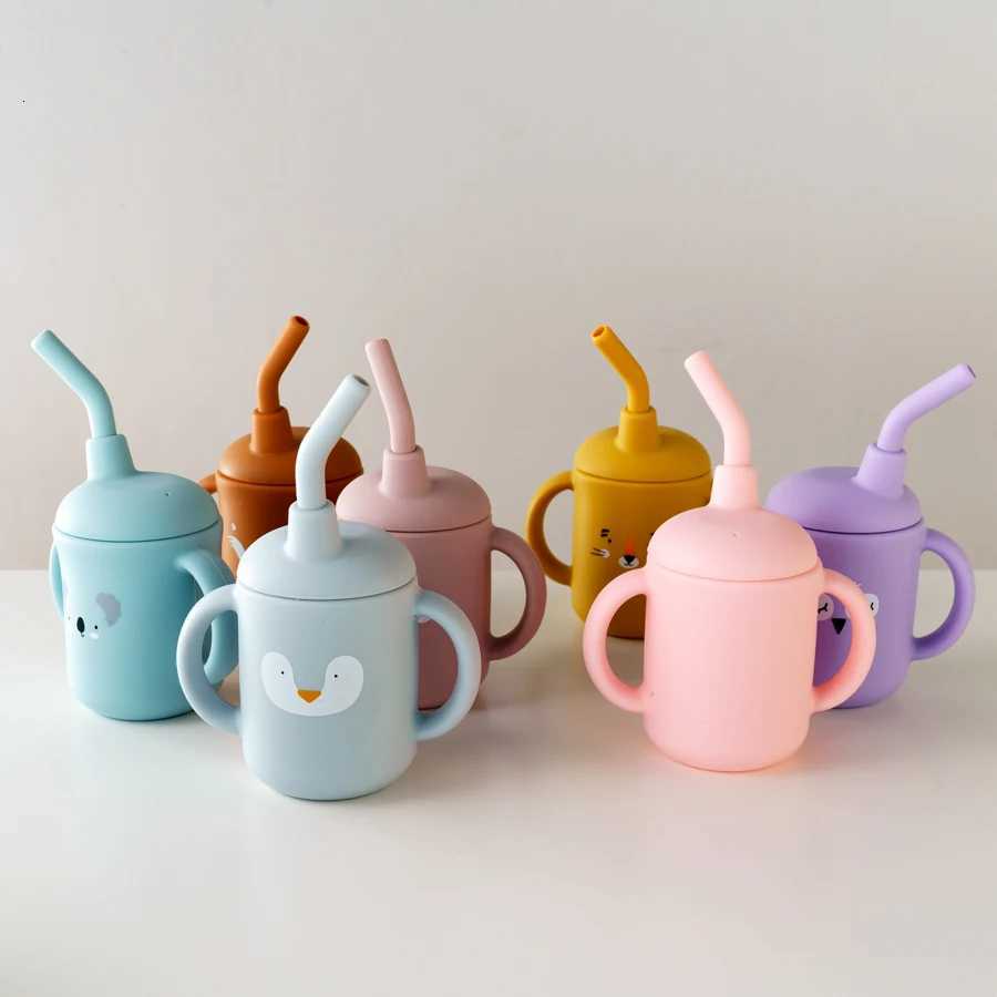 Portable Baby Feeding Bottle Cup Silicone Sippy Cups Children Leakproof Drinking Cups Cartoon Pattern Infant Straw Drinkware X250806