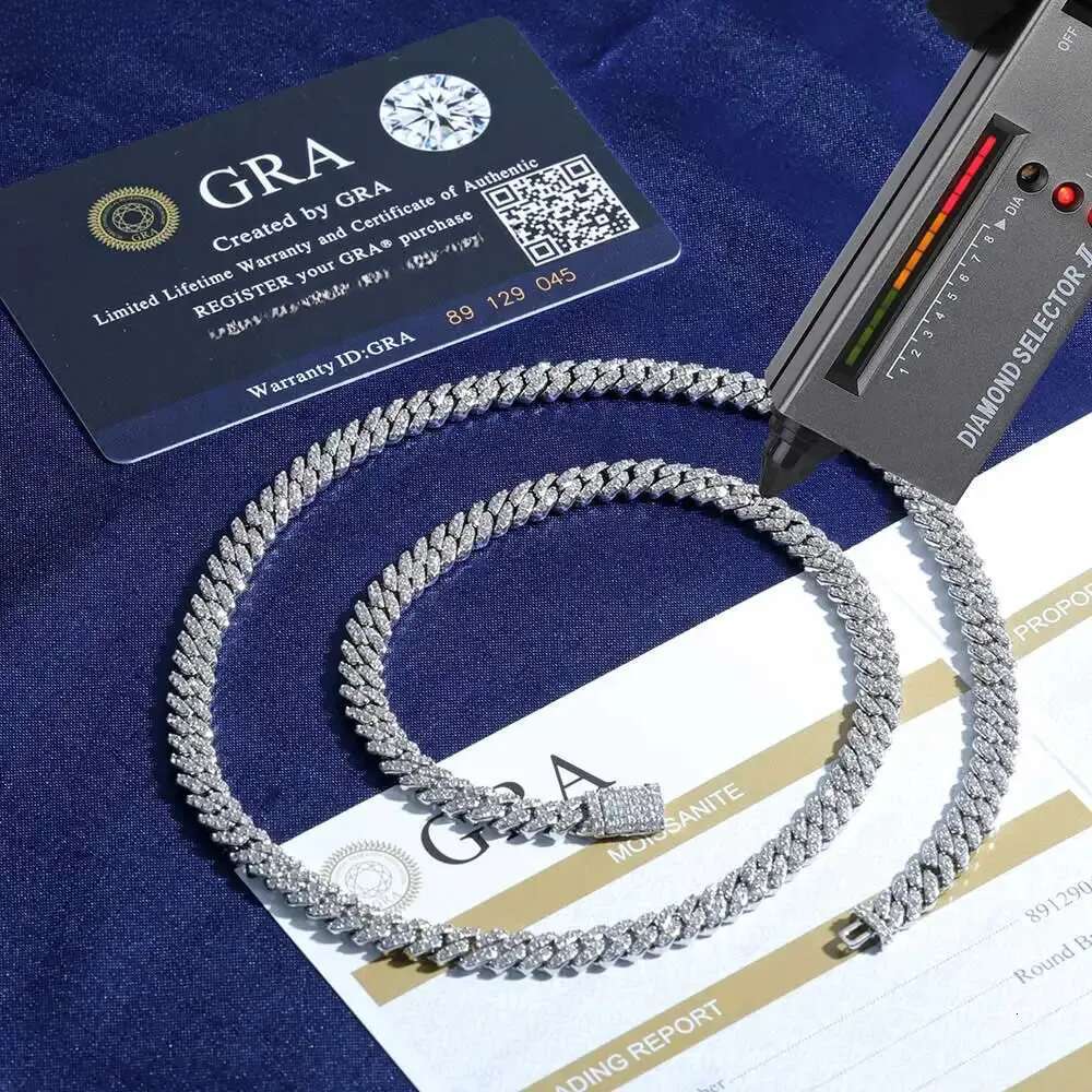 High-end designer necklace and bracelet 6mm Tested Morganite Cuban Necklace in Pure Sier Brand - VVS Grade Single Row Fine Chain with Ice Crystal Inla