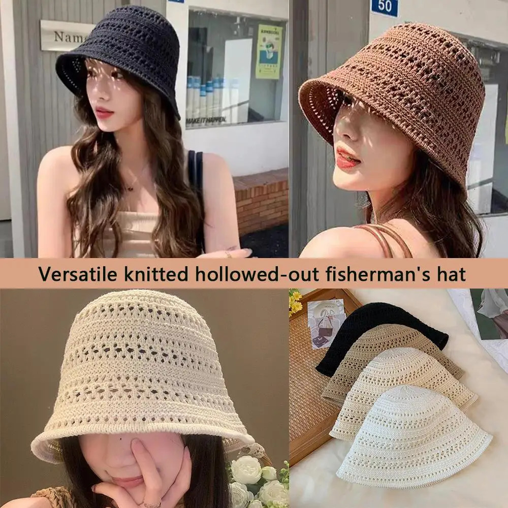 Summer Fashion Wide Brim Bucket Hat For Women Hollow Out Breathable Crochet Sun Hat Outdoor Casual Versatile Wear Panama Hat 250806