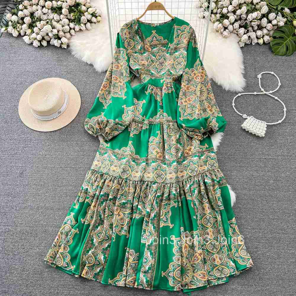 Chic Print Elegant Women Long Sleeve Lace Up Loose Maxi Dress A-line High Waist Holiday Party Female New Autumn Fashion Robe