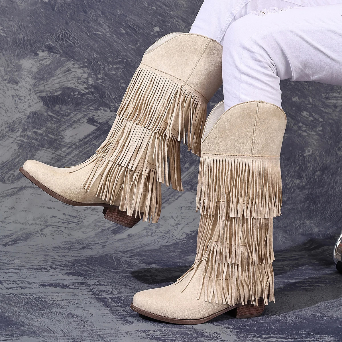 Three-layer tassel round head thick heel fashionable and versatile western cowboy European and American high top womens boots 250805