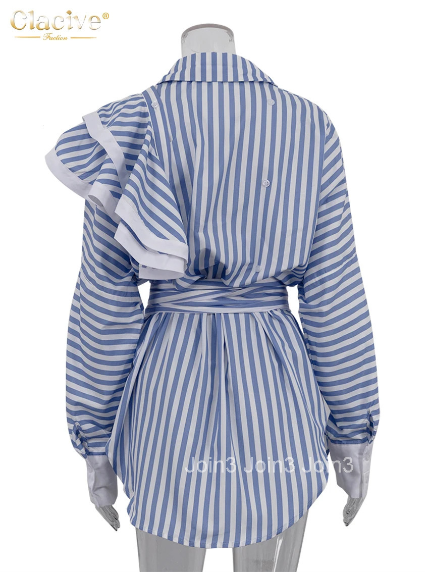 Clacive Fashion Loose Blue Stripe Womens Dress Elegant Lapel Long Sleeve Mini Dresses Casual Classic Lace-Up Female Dress