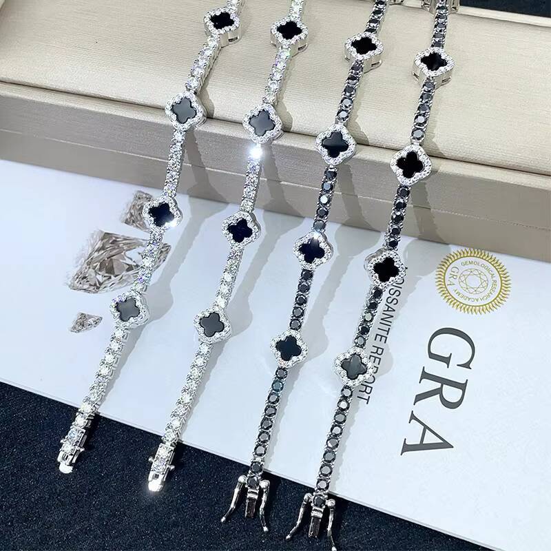 New Design 3mm 925 Sterling Silver Luxury Hip Hop Moissanite Diamond Tennis Chain Bracelets Four Cleef Clover Pass Test