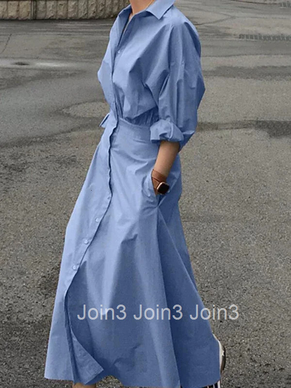 Women Casual Long Shirts Dresses Summer Spring Clothes Khaki Puff Sleeves Botton Simple Maxi Dresses for Women