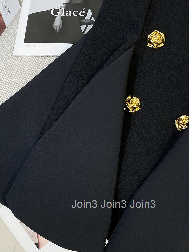 French Elegant Sleeveless A-Line Dress Women Summer Black Classic Party Style V Neck Vest With Gold Button Detail Office Clothes