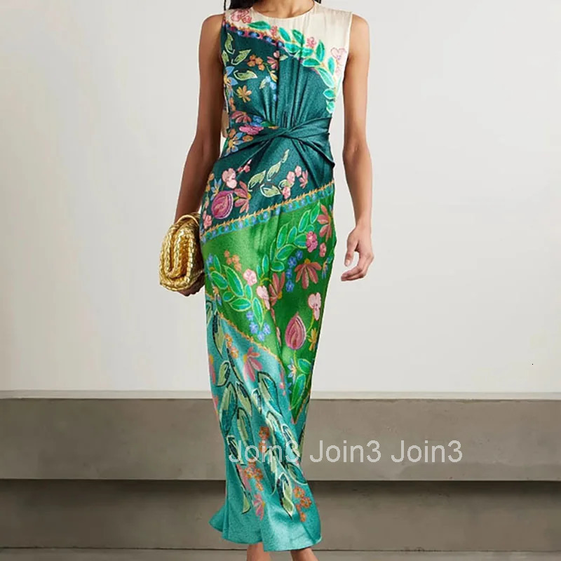 Retro Printed Satin Twisted Dress for Women Summer New Casual O Neck Zippers Boho Dress Elegant Sleeveless Hollow Out Long Dress