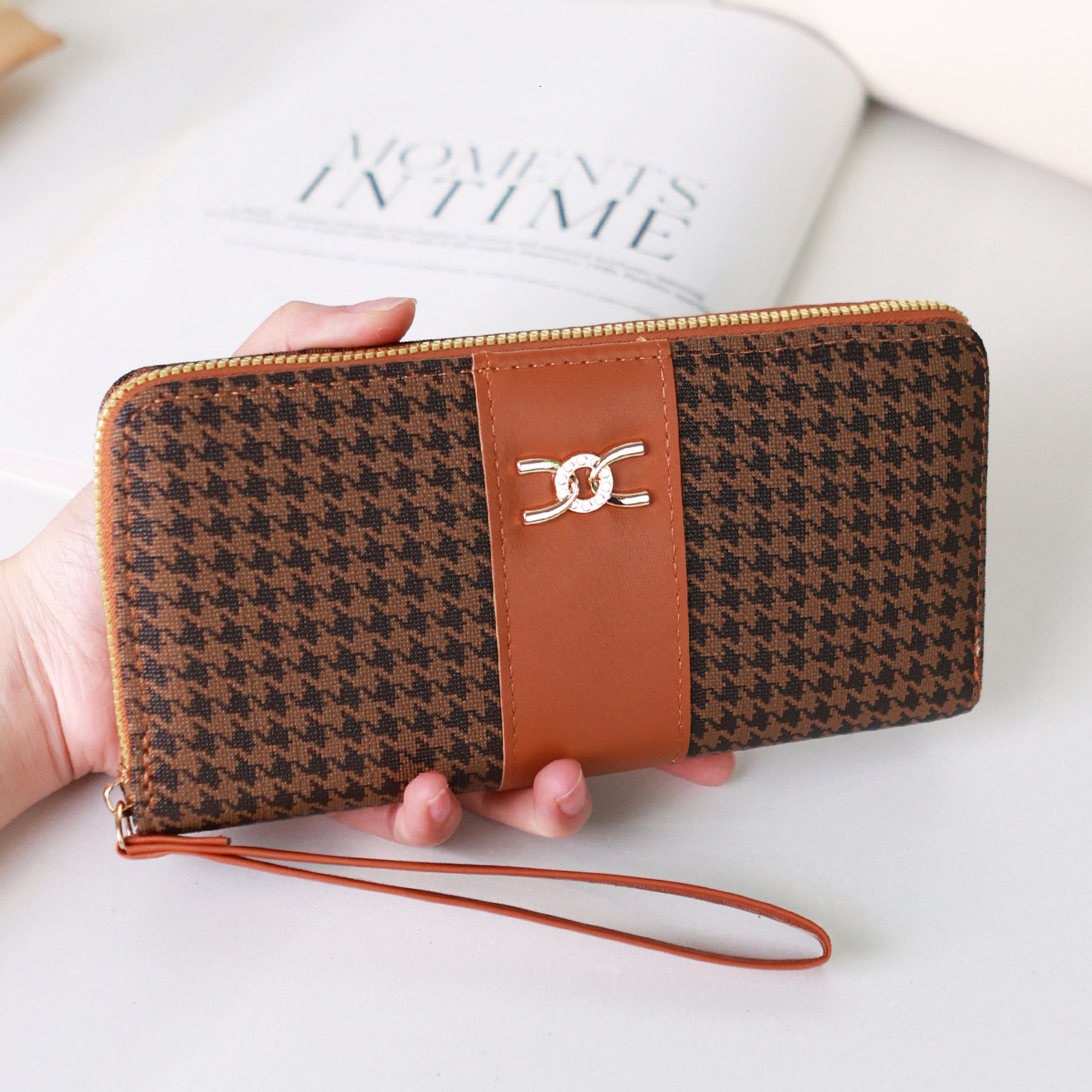 New Korean Style Long Fashion Print Single Zipper Large Capacity Plaid Pattern Wallet for Women
