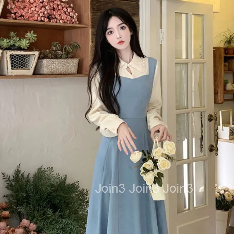 Solid Patchwork Square Neck Long Sleeve Fake Two Pieces Dresses Elegant Fashion Harajuku Female Clothes Casual All Match Skirt