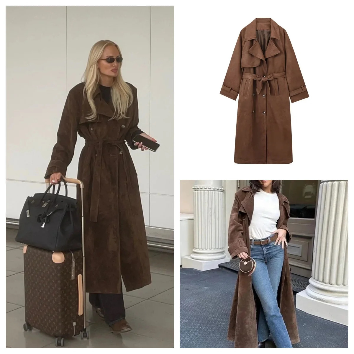 American retro lapel double-breasted long with belt temperament windbreaker jacket 250709