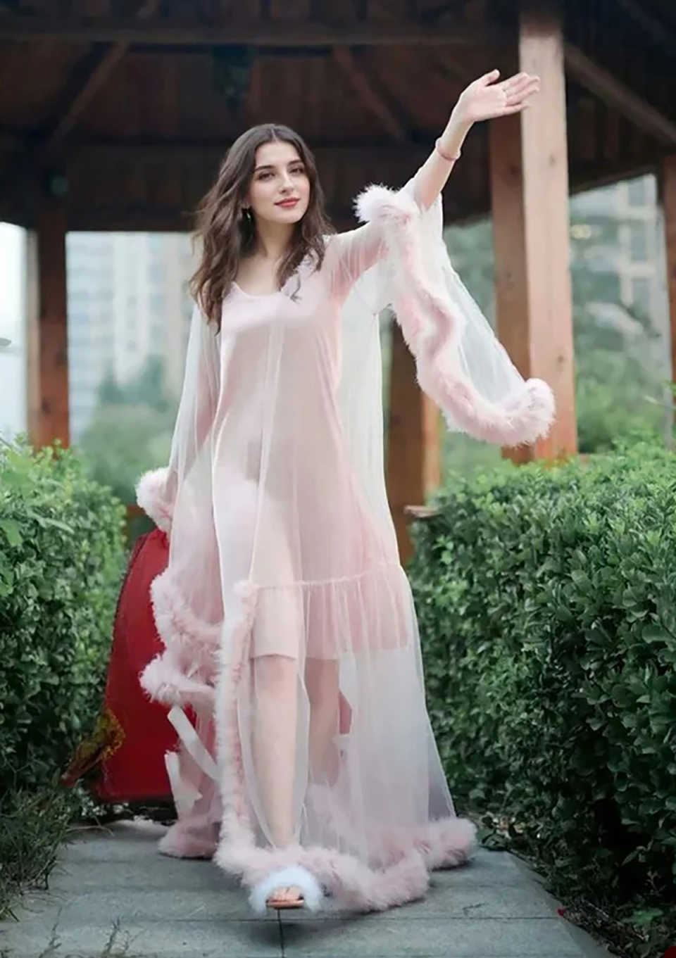 Elegant Lace-up Mesh Nightdress With Fluffy Sleeves Wedding Night Bath Dress Bride Robe Nightgown Customized