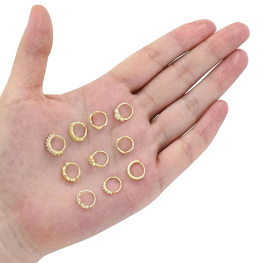 10Pcs Nose Ring Hoop Paved Flower Leaf Feather CZ Cartilage Earrings Nose Piercing Jewelry for Women Men Gold Tone 20G