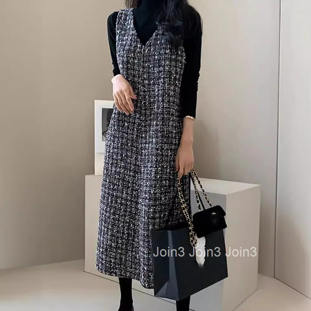 Women Dresses Tweed Japanese V Neck All Match Sequined Vestidos Mujer Korean Fashion Autumn Robe Femme Chic Clothes