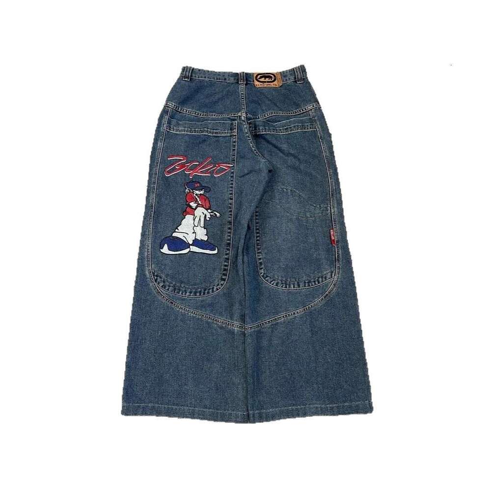 Y2K Style Large Pocket Cartoon Print Jeans for Men High Street Loose Wide Leg Skateboard Pants