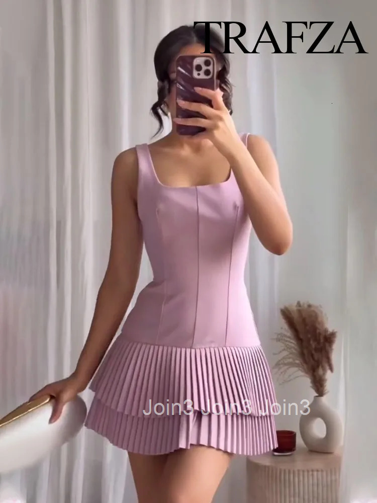 Women Fashion Square Collar Sleeveless Solid Mini Dress Female Summer Pleated Dress Chic High Street Slim Short Dress