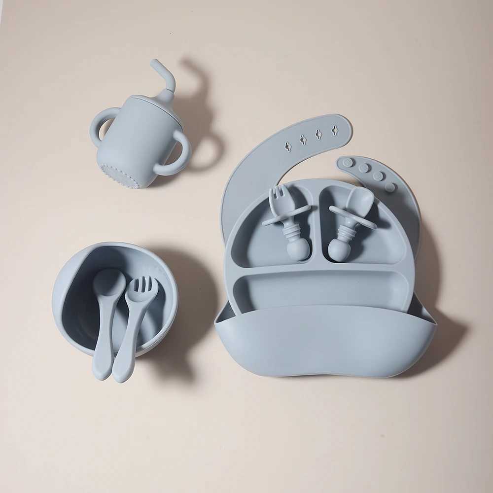 5pcs Silicone Baby Feeding Set BPA Free Sucker Bowl Dining Dishes Plate Straw Cup Spoon Forks Baby Gift Set X250806