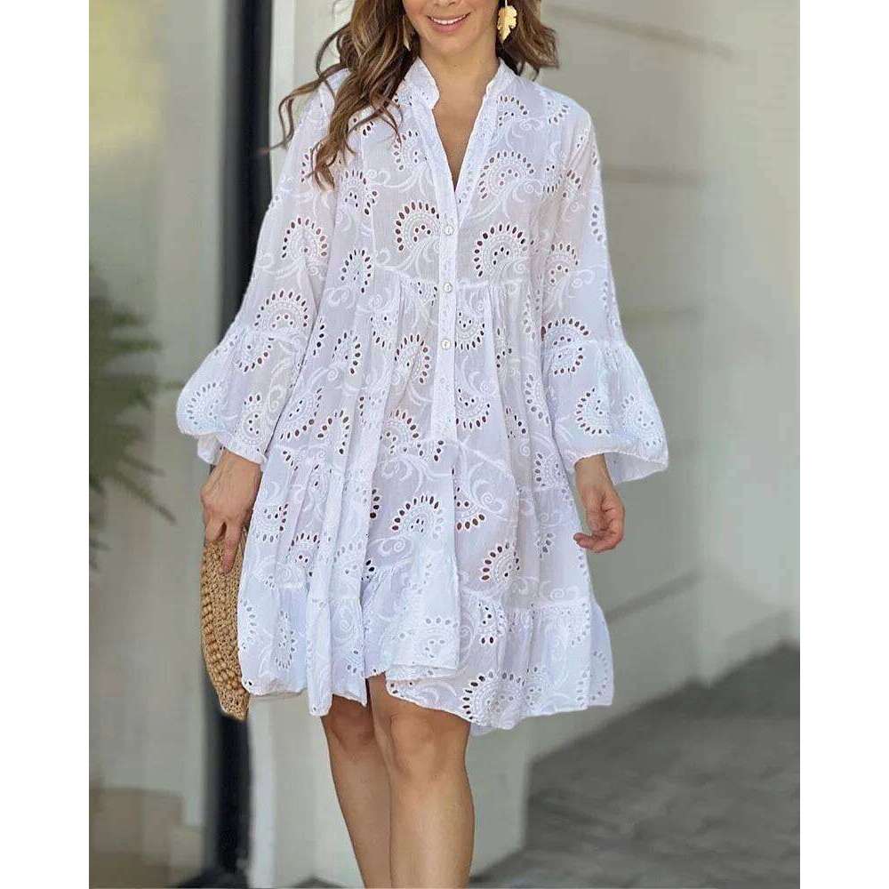 Designer Clothing 2025 Summer Elegant Vintage Solid Lace Dress V-Neck Loose Hollow Out Pattern Embroidery Vestidos Women Beach Sexy Mini White Dresses