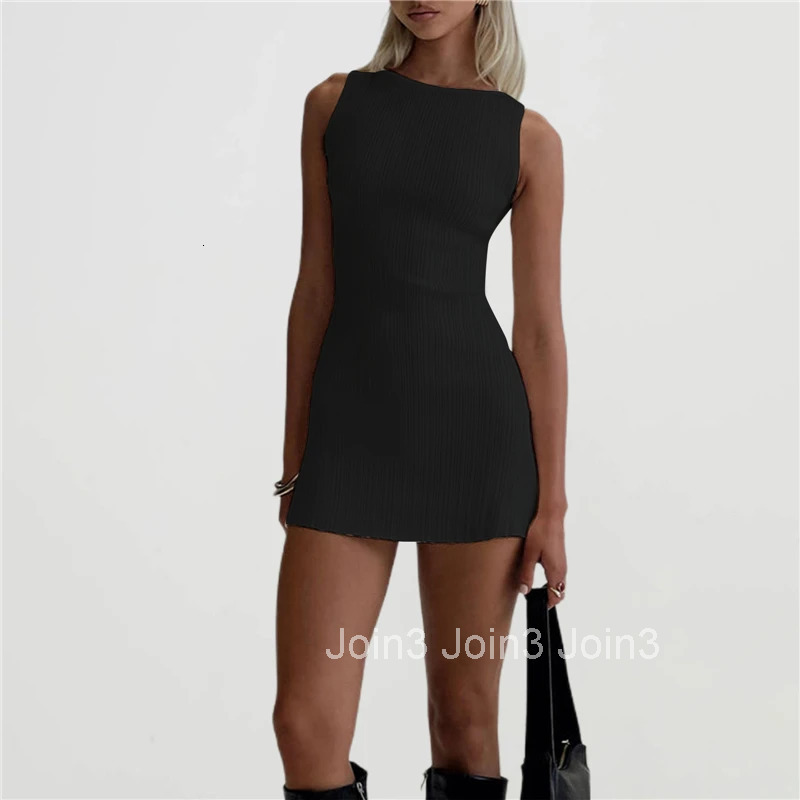 Fashion Solid Color Sleeveless Bodycon Short Dress Women Elegant O-neck Slim Mini Dresses Summer Sexy Lady Party Vestidos