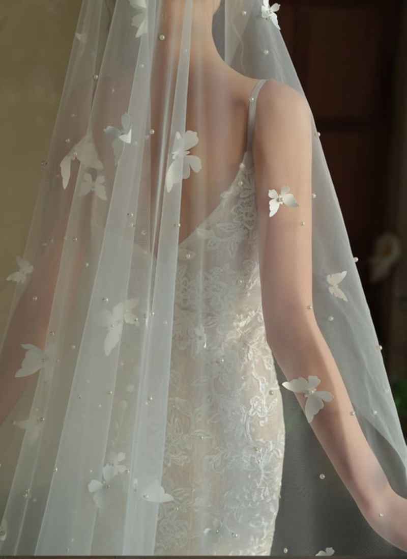 Romantic Butterfly Beaded Wedding Veil Without Comb One Layer Long Cathedral Bridal Veil Wedding Accessories Customized
