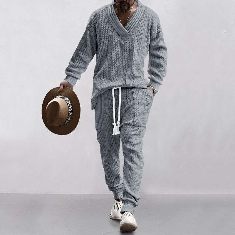 Designer Leisure High Quality Clothing Casual Trousers V Neck Versatile Jacquard Sweater Men's Autumn Suit