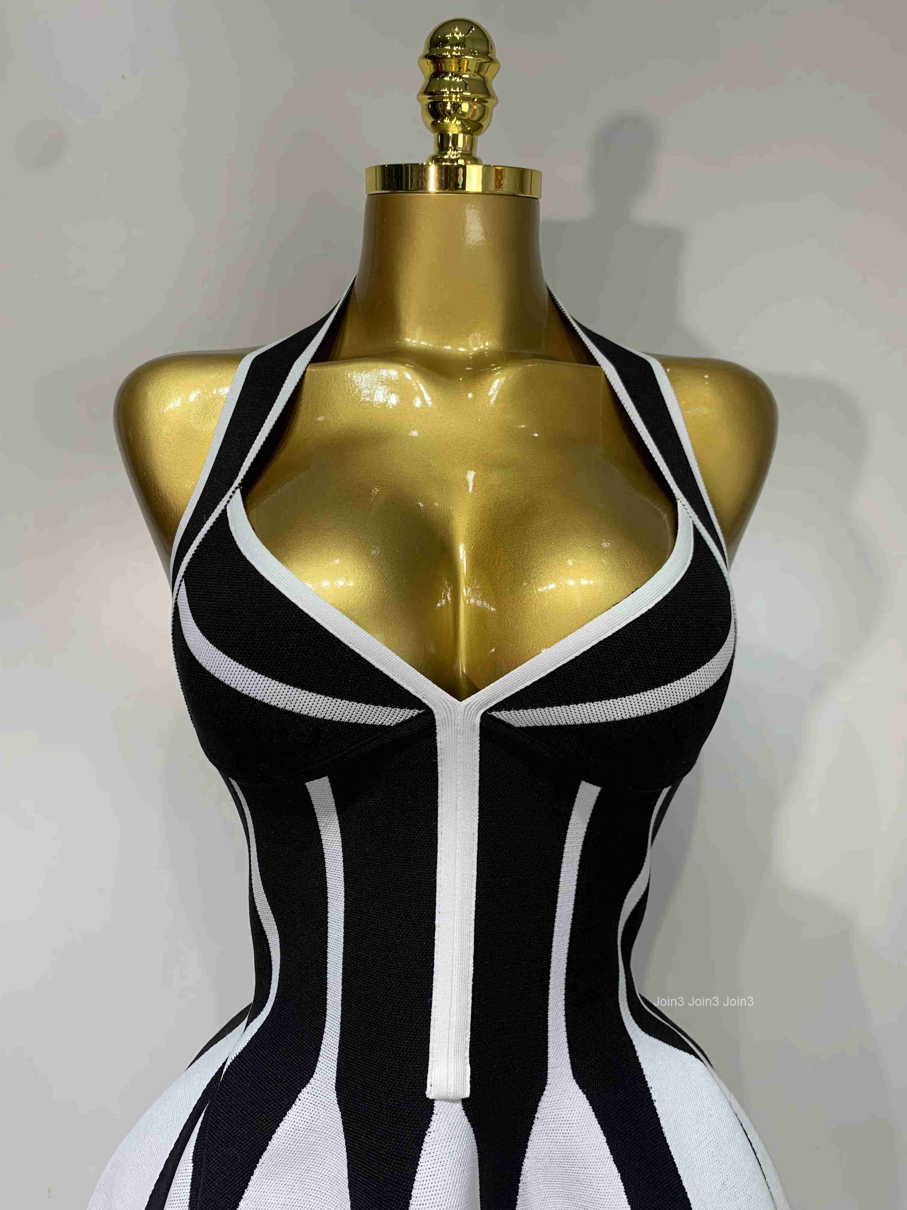 Women Sexy Backless Black White Stripes Halter Bandage A Line Short Dress Celebrity Elegant Evening Party Holiday Club Dress