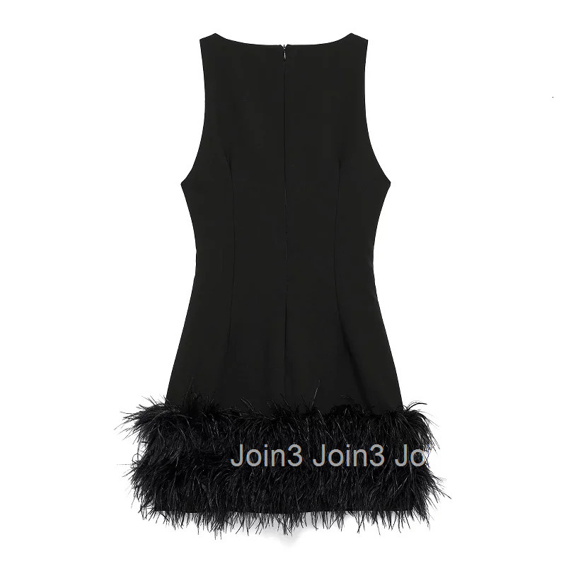 TRAF Elegant Mini Dresses Womens Feather Sleeveless Short Dresses Fashion Casual Party Evening Black Dress Vestidos